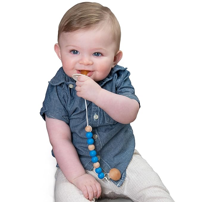 Pacifier Clip Made with Silicone Beads and Secured with Wood Clip. 9" Long. Keeps Pacifiers securely Fastened. (Black)