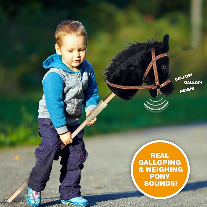 Nature Bound Stick Horse | Horse on a Stick with Sound Effects – Handcrafted Plush Stick Pony for Toddlers & Kids | Handsewn, Sturdy Wooden Handle | Pretend Play Horse Toy (Black)