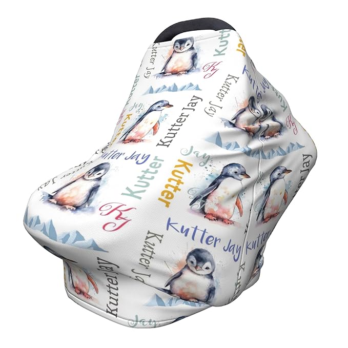 Personalized Penguin Baby Car Seat Cover with Name,Multi-Use Canopy for Nursing, Strollers,Shopping Carts,Customized Breastfeeding Cover, Full Privacy,Infant Stroller Cover