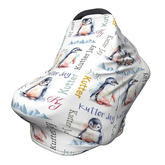 Personalized Penguin Baby Car Seat Cover with Name,Multi-Use Canopy for Nursing, Strollers,Shopping Carts,Customized Breastfeeding Cover, Full Privacy,Infant Stroller Cover