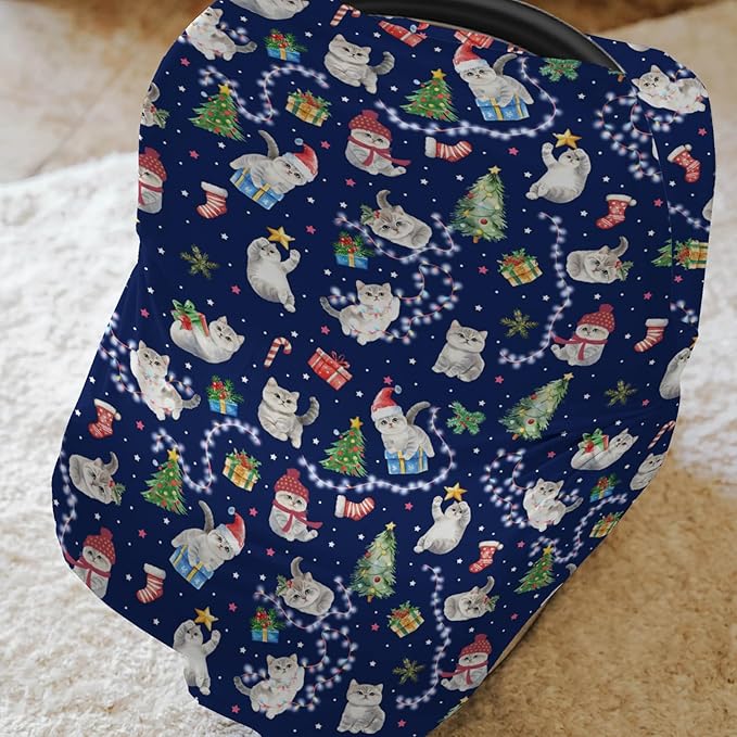Blue Christmas Holiday Cats Car Seats Cover for Babies Winter Kitten Trees Lights Candy Stretchy 5-in-1 Cover Adjustable Car Canopy Breastfeeding Cover Cats Lover Gift Breathable Nursing Cover-Up