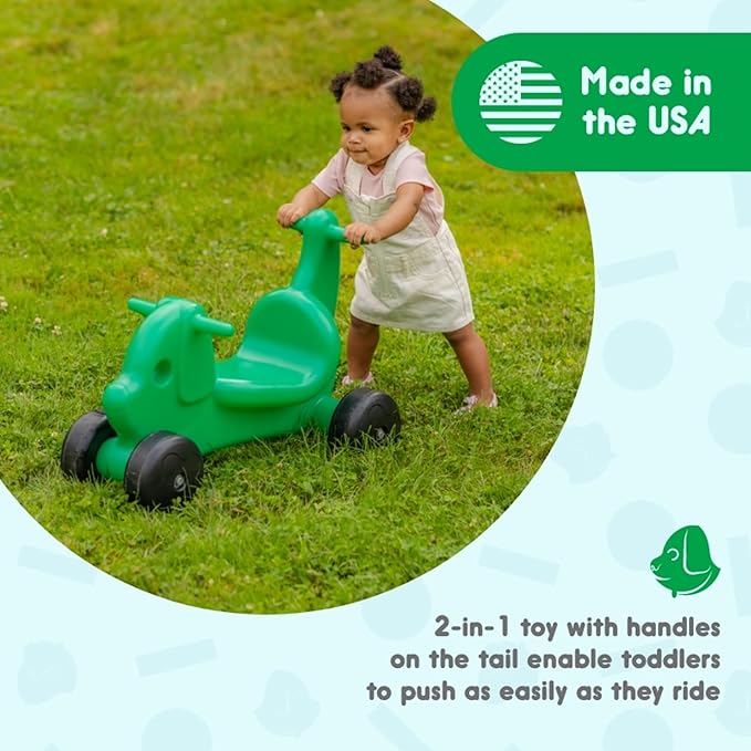 Careplay 2-in-1 Puppy Push & Ride-on Toy, Indoor & Outdoor Use, Low Profile Seat, Recommended for Children up to 50lbs, Durable Construction, Made in The USA, Green