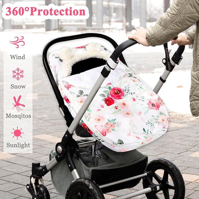 Car Seat Covers for Babies Winter, Flower Carseat Cover Girls, Zipped Cozy & Warm Cover, Universal, Ultra-Soft Breathable, Removable Design Infant Car Seat Canopy