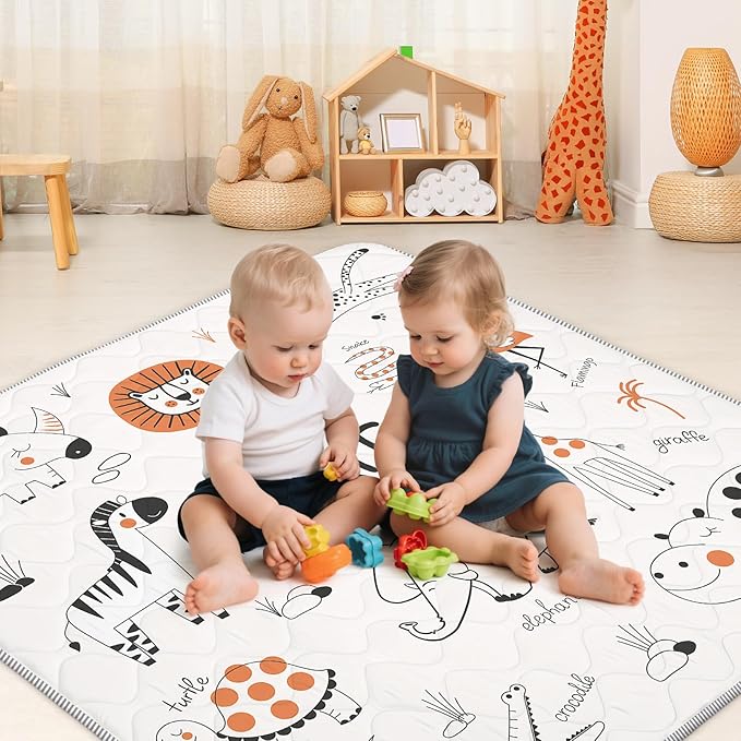 Baby Play Mat for Floor,Soft 50x50 Playpen Mat,Thick Foam Playmat for Tummy Time,Safe Non-Slip Backing for Kids,Line Animals