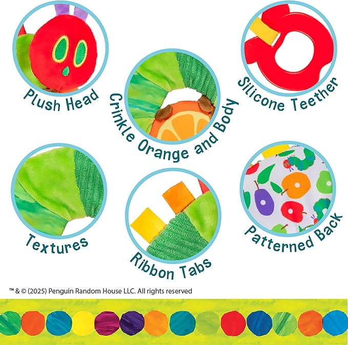 Kids Preferred Eric Carle Toddler Toys The Very Hungry Caterpillar Sensory Toy with Crinkle Orange Slice and Teether Ring for Car Seat and Stroller