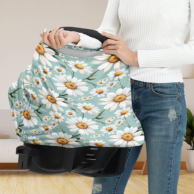 Daisy Baby Car Seat Covers,Multi-use Carseat Canopy for Babies,Stretchy Infant Nursing Cover for Breastfeeding,Shower Gifts for Unisex Boys and Girls,Green