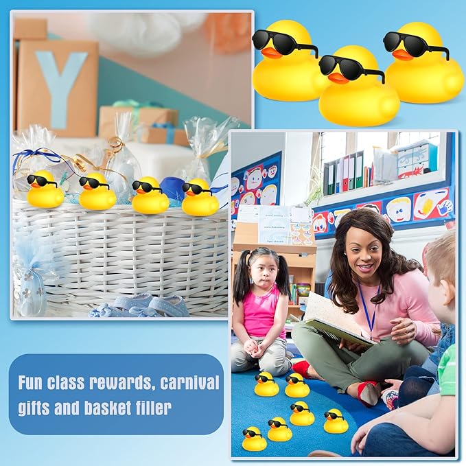 Chivao 100 Pcs Rubber Ducks with Sunglasses in Bulk Mini Yellow Rubber Duck Gifts Squeak Bath Float Bathtub Toys for Cruise Gift Exchange Birthday Party Supplies