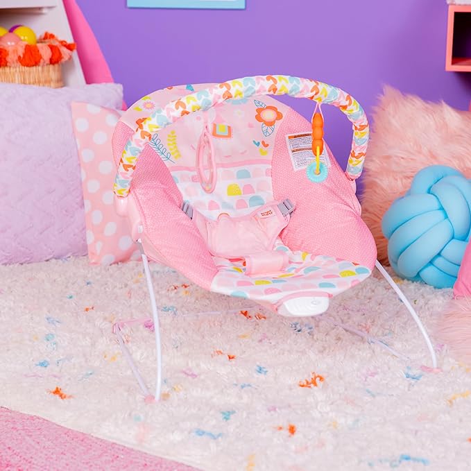 Bright Starts Baby Bouncer Soothing Vibrations Infant Seat - Removable -Toy Bar, Nonslip Feet, 0-6 Months Up to 20 lbs (Fancy Fantasy, Pink Unicorn)