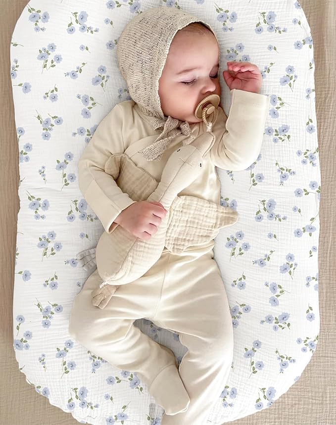 Muslin Baby Lounger Cover 2 Pack, Soft Breathable Newborn Lounger Pillow Cover for Boys Girls Infant (Flower I & Light Blue)