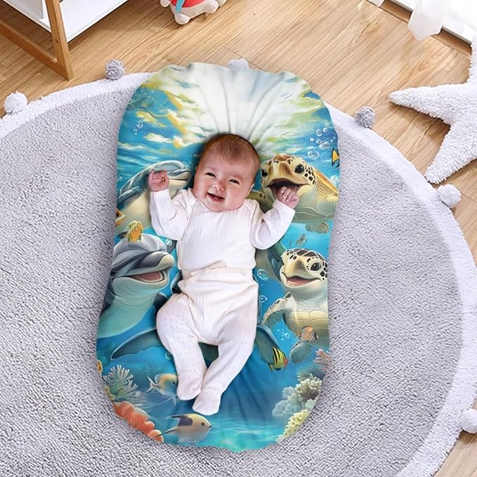 Dolphin Baby Lounger Cover for Boys, Sea Turtle Newborn Lounger Covers, Ocean Animals Removable Nest Slipcover, 31.5'' x 21.3''
