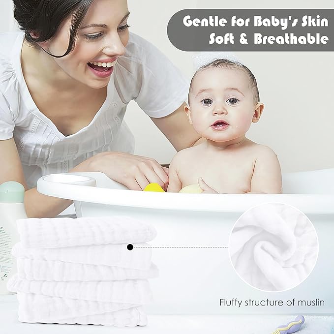 Ease Cubs 12 Pack Muslin Washcloths for Baby - 100% Cotton Baby Wash Cloths for or Baby Face Body Comfy and Soft for Newborn Infants Kids Girls and Boys - 12"x12" - White
