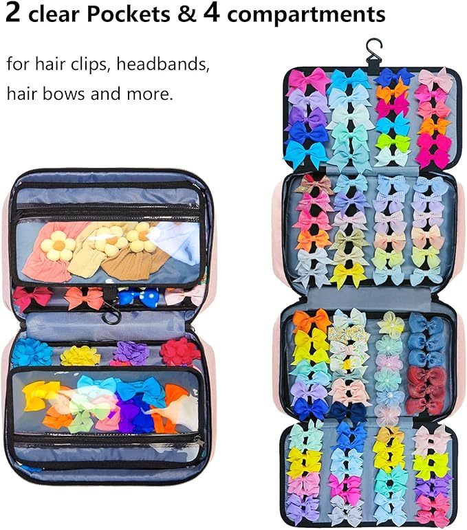 Baby Girl Hair Bow Organizer Bag - Multi-Pocket Hair Accessories Storage with Hanging Hook and Transparent Pockets for Hair Clips, Headbands, Scrunchies, Portable Travel Carrying Case (Pink)