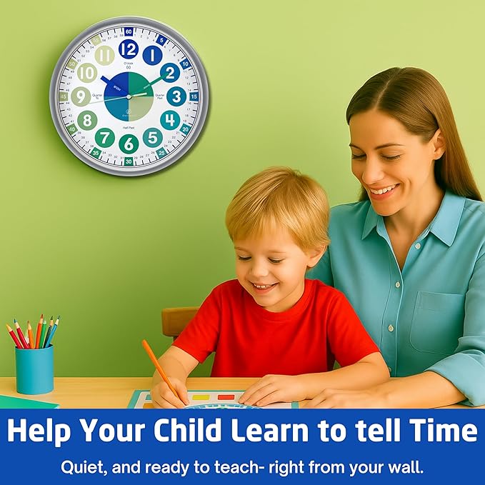 OWLCONIC Clock for Kids – Educational Analog Learning Wall Clock, Non Ticking Teaching Clock for Classroom & Homeschool, Silent Kids Bedroom Décor Blue Green