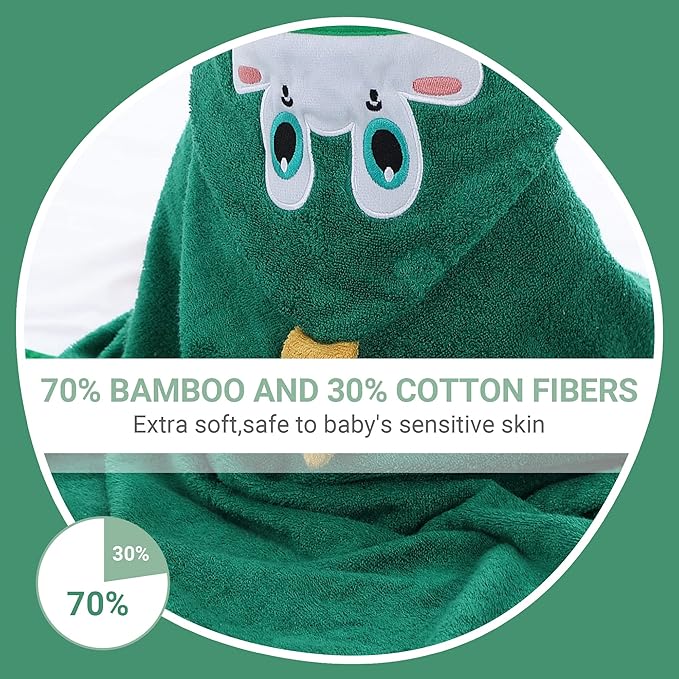 MICHLEY Bamboo Viscose Baby Hooded Bath Towel for Boys and Girls, 29.5 x 29.5 Inch Ultra-Soft and Quick-drying Infant Bath (Dinosaur)