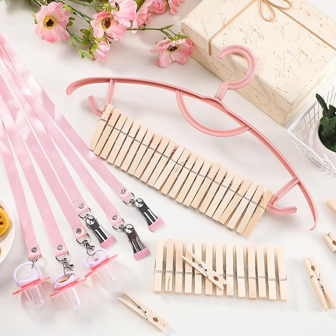 Threehoney 6 Sets Baby Shower Games Pacifiers Necklace and One Handed Wooden Clamp Hanger Game Bridal Shower for Gender Reveal Party Favors Funny Activities Parties(Pink)