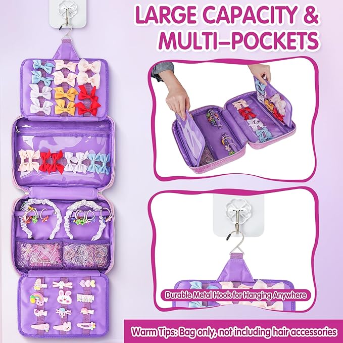 Hair Accessories Organizer for Girls, Dust-proof Baby Bow Holder, Travel Hair Storage Bag for Hair Clips, Headbands, Scrunchies and Hair Ties,Purple