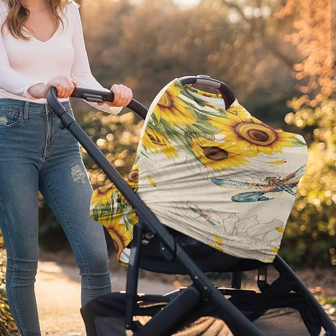 AFPANQZ Dragonfly Sunflower Baby Car Seat Covers for Girls Multifunctional Infant Car Seat Canopy Nursing Breastfeeding Scarf Shield Soft Breathable Stretchy 360 Coverage for Babies