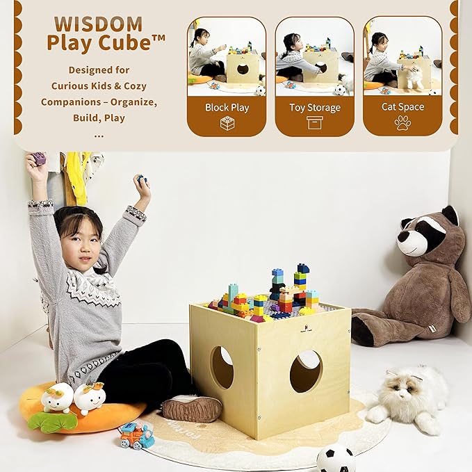 Damoch Family® Wisdom Play Cube – Montessori 5-in-1 Kids Play & Activity Table, Play Cube and Activity Center, Toy Box Storage Organizer, Building Blocks & Base Plate, Bedside Table & Cat Hideout