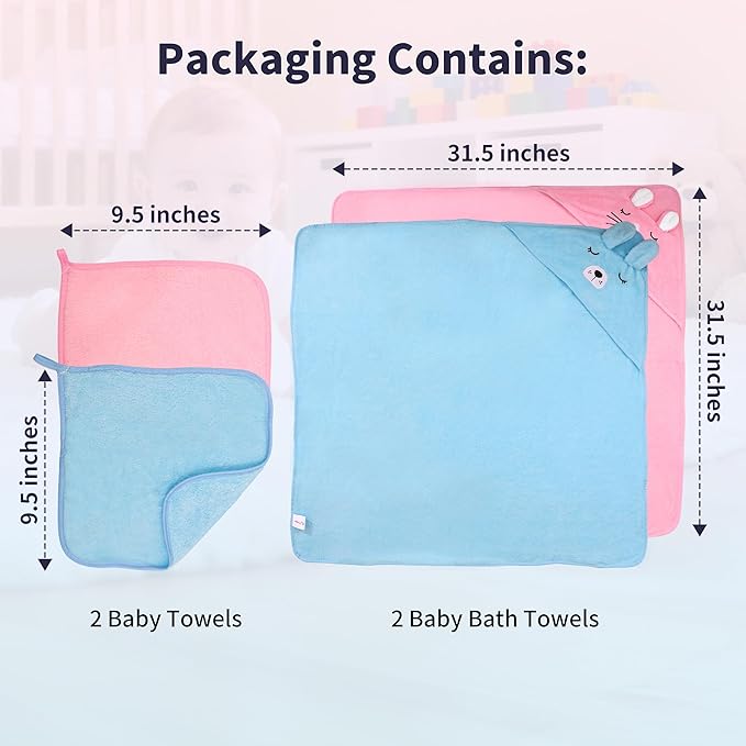 HBHLFZ 4-Pack Baby Bath Towels,Set of 2 Hooded Baby Bath Towels and 2 Baby Face Towels, Super Soft,Highly Absorbent,31.5x31.5inch,Suitable for Newborns,Toddlers and Children,Unisex（Kitten, Dog