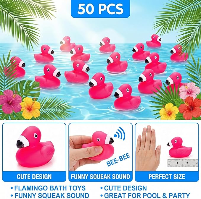 Goaste 50 Pieces Flamingo Rubber Ducks Bulk, Pink Flamingo Bath Toys, Cute Floating Squeaky Bathtub Ducks for Baby Shower, Birthday Party, Cake Decoration, Classroom Prizes