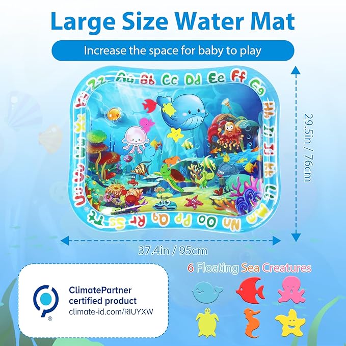Baby Water Mat Large 37.4"x29.9", Safe Inflatable Tummy Time Water Play Mat for Infants & Toddlers with Climate Pledge Friendly, Newborn Sensory Water Pad for Christmas Gift (Blue)