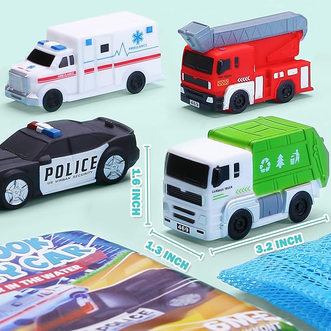 4 Floating Changing Color Light Up Bath Toy Car with Bath Book & Storage Bag, No Hole Realistic Car Bathtub Toys for Toddler Kid 18 month +, Bathroom Tub Pool Beach Swimming Party, Birthday Gift