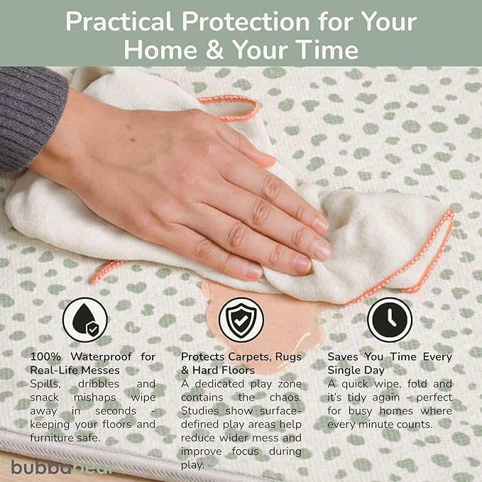 Bubba Bear Baby Play Mat, Thick Foam with Pattern Design, Foldable Waterproof Padded Crawling Mat for Babies (Green Spots, 47 x 35 Inches)
