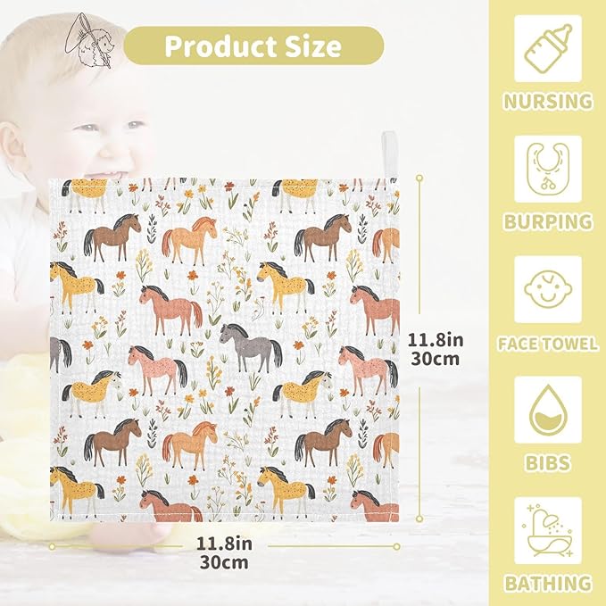 vvfelixl Cartoon Horses Graze Baby Burp Cloths Baby Muslin Washcloths for Boys Girls Cotton Babys Face Towel for Newborn Infants Soft and Absorbent 11.8 X 11.8 in, 5 Pack