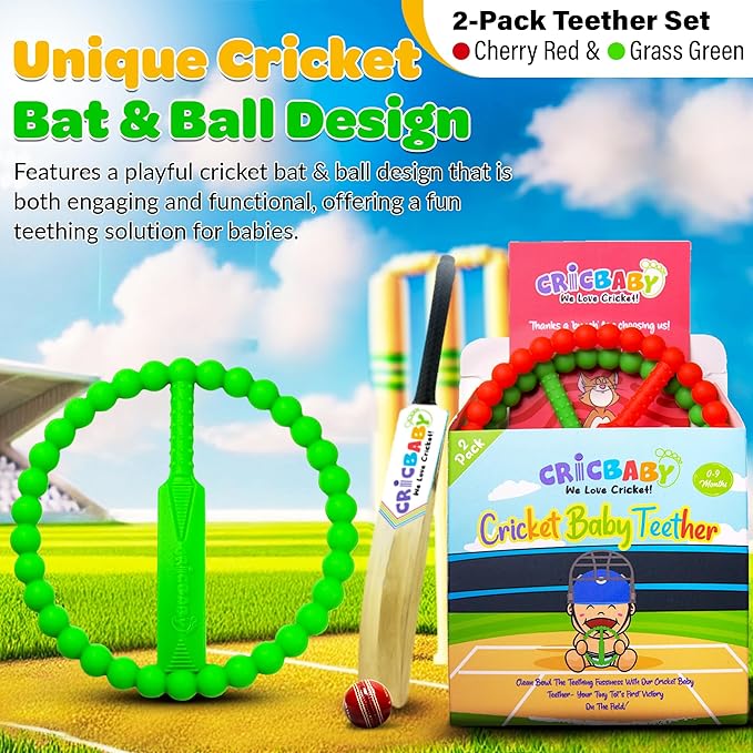 Cricket Baby Teether | 2 Pack Cricket Bat & Ball Shape | Soft Silicone Teething Toy for Babies 0-9 Months | Easy to Hold with 5 Teething Textures | Grass Green & Cherry Red | Certified Safe