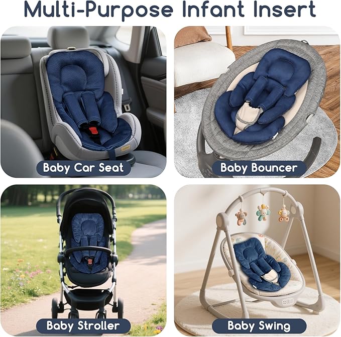 Infant Car Seat Insert for Newborn Girls Boys, Summer Mesh Baby Carseat Inserts with Strap Pads, Soft Reversible Baby Car Seat Insert Cushion Pad for Stroller, Bouncer, Swing, High Chair, Blue