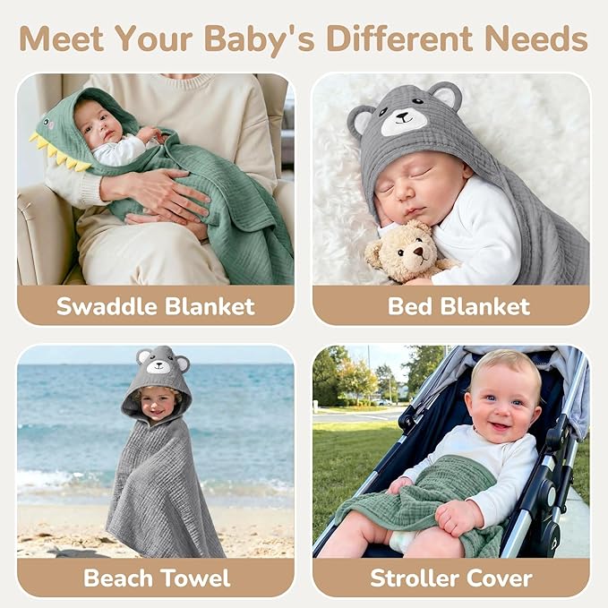 4 PCS Muslin Baby Bath Towels Set, 100% Cotton 2 PCS Animal Hooded Baby Towels 32x32 Inch & 2 PCS Washcloths, Ultra Absorbent & Soft Infant Newborn Essentials Gifts for Boys & Girls, Dinosaur & Bear