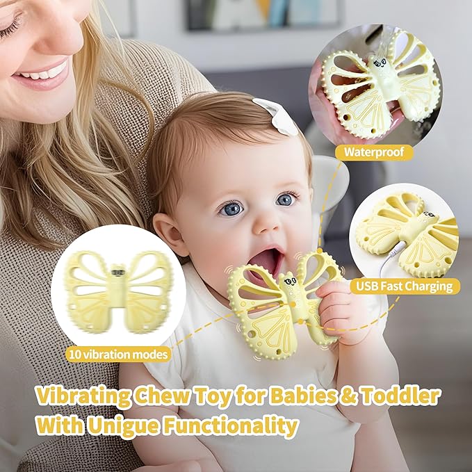 Vibrating Teether for Baby - Sensory Chew Toy for Autistic Children & Vibrating Chewy, 10X Vibration Settings, Giving Autistic Children A Better Sensory Experience (Yellow)