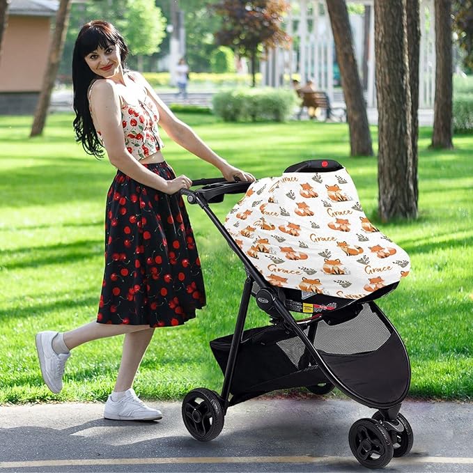 Personalized Cute Fox Baby Car Seat Covers for Girls Boys, Customized Baby Carseat Cover with Name, Breathable Nursing Cover Breastfeeding Scarf, Multi-Use Stroller Canopy for Newborn Infants