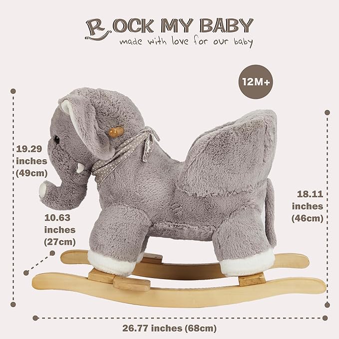 Baby Rocking Elephant, Plush Toddler Rocker with Music & Safety Seat, Sturdy Wooden Ride-On Toy for 1-3 Years, Soft Animal Rocking Horse, CPC Certified (Gray Elephant)
