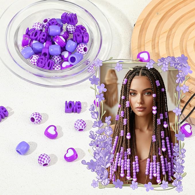 TIESOME 60 Pcs Large Hair Beads, Purple Resin Big Beads For Hair With Puller Tool, Braid Loc Dreadlock Bead For Girls Kids Women, Easy To Thread For Ponytail, Braids, Hairs Jewelry Accessories