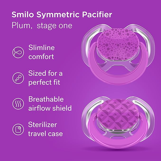 Smilo Baby Pacifier - 2 Pack of Slimline Pacifiers for Babies with Sterilization Box - Stage 1 for Babies 0-3 Months - 100% Silicone Newborn Pacifiers BPA Free - Plum Purple