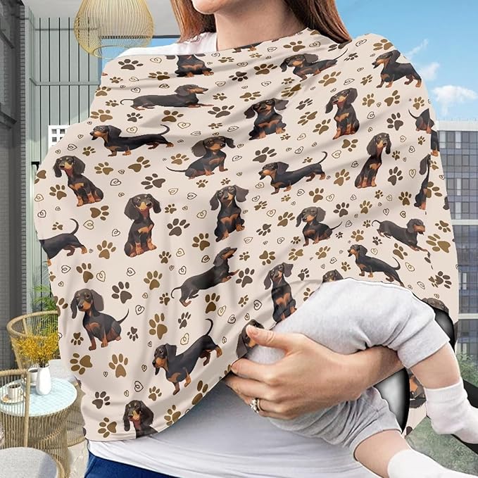 GIFTPUZZ Cute Dachshund Baby Car Seat Covers, Nursing Cover Breastfeeding Soft Infant Carseat Canopy, Stretchy Breathable Cover for Stroller High Chair, Shopping Cart Canopies Newborns Gifts