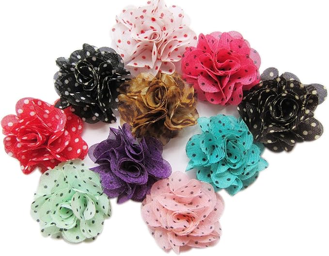 YYCRAFT 30 pcs Chiffon Flower with Dots Prints for Baby Girls Flower Headband Bows DIY Craft,Party Decoration(1.5",Mix Color)