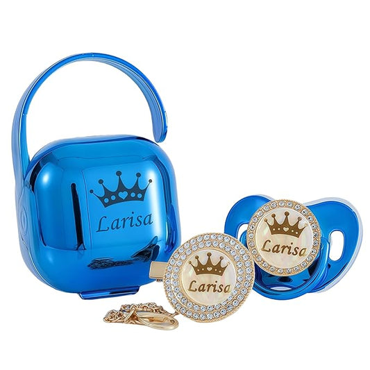 Personalized Bling Pacifier Box and Pacifier Set Unique Gift to New Bron Baby Baby Shower Gift (Metallic Blue)