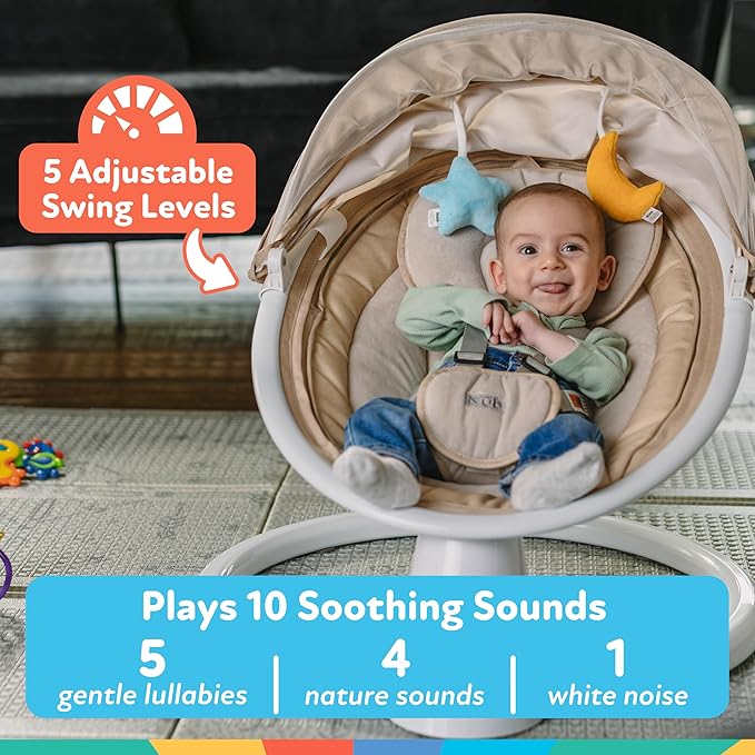 Nuby Baby Swing with Canopy and Remote - 5-Level Infant Swing with Soothing Sounds and Mobile App Control - 0-9 Months - Gray