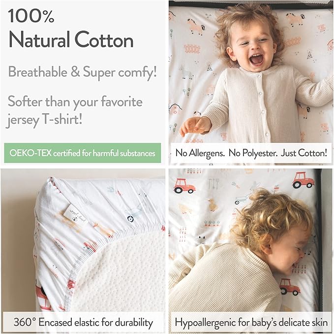 Pack and Play Sheets Fitted – Compatible with 4moms Breeze Plus Playard and Other Large Playpen Mattress – Snuggly Soft 100% Jersey Cotton – Farm Animals – 2 Pack