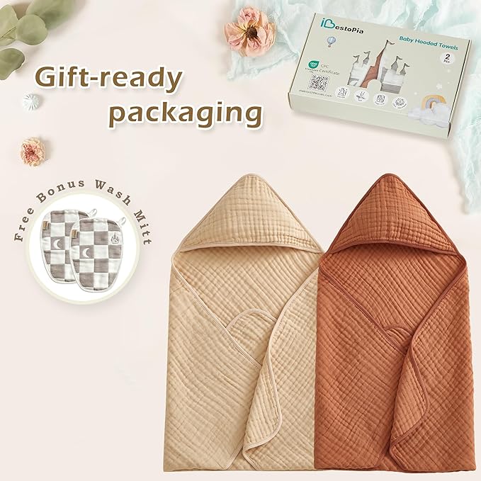 Hooded Baby Bath Towels 2 Pack 32x32 Inch, 100% Cotton Soft & Highly Absorbent, Pink & Linen Neutral Colors, Baby Towel Set with Wash Mitts, Gentle for Newborn, Infant & Toddler