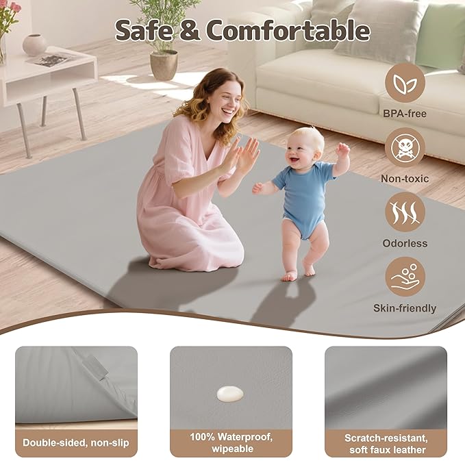 HARBOLLE Baby Play Mat 71x55 Inches, Extra Thick 1.2" Foam Floor Mat for Tummy Time & Crawling, Waterproof Non-Slip Faux Leather Playpen Mat for Infants Toddlers, Indoor Outdoor Gym Activity, Gray
