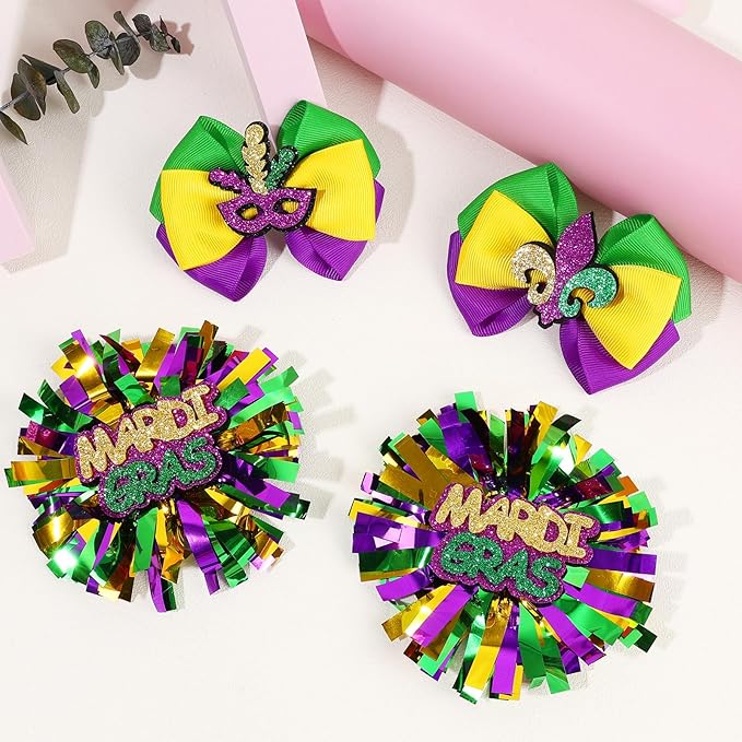 CN 4 PCS Mardi Gras Hair Bows for Girls, Purple Yellow Green Hair Clips Glitter Grosgrain Ribbon Bows with Alligator Clips,Mardi Gras Hair Accessories with Mask for Toddler Kids Teens Parade
