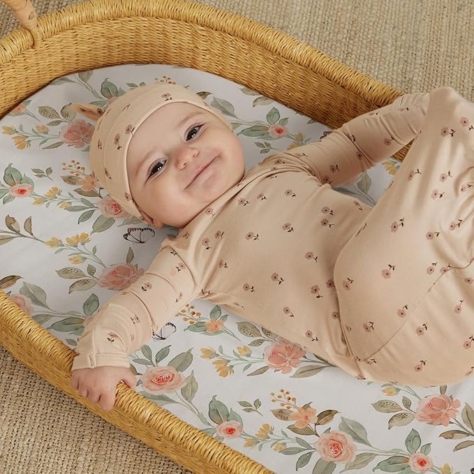 Stretch Fitted Bassinet Sheet Set BROLEX 2 Pack Cradle Sheets for Bassinet Pad/Mattress,Unisex Boys Girls,Ultra Soft,Rose Foliage