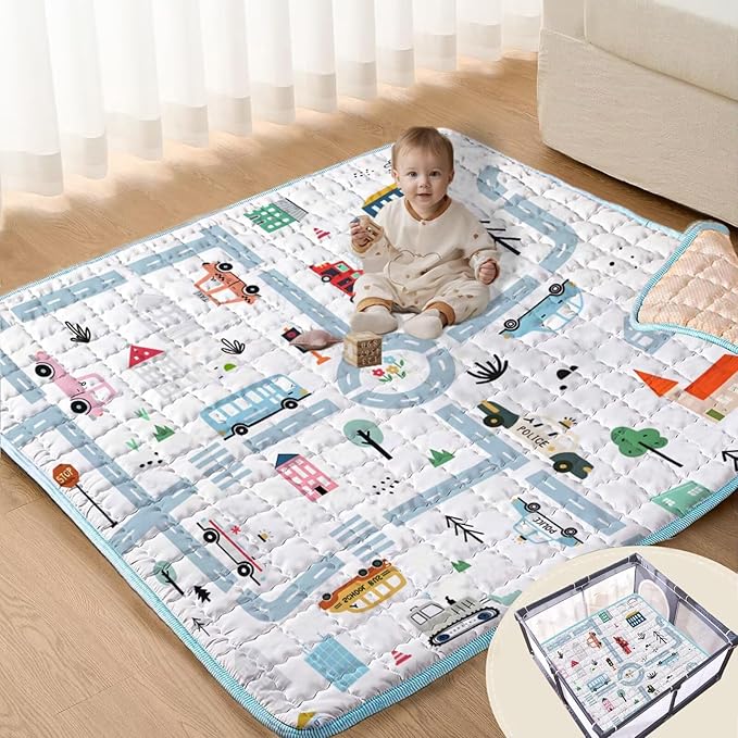 Baby Play Mats for Floor, 50X50 Playpen Mat, Thick Soft Car Play Mat Non-Slip Cushioned Crawling Mat Activity Playmats for Babies and Toddlers, Foldable & Machine Washable Playmat (City Car,50x50)