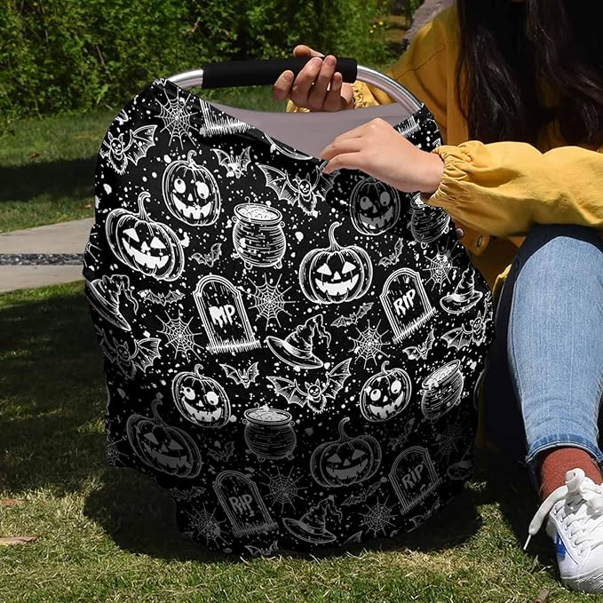 Nursing Cover for Breastfeeding Scarf Super Soft Cotton Multi Use for Baby Car Covers Canopy Shopping Cart Cover Blanket Stroller Cover Halloween Themed Pumpkin Witch Bat Spider Black