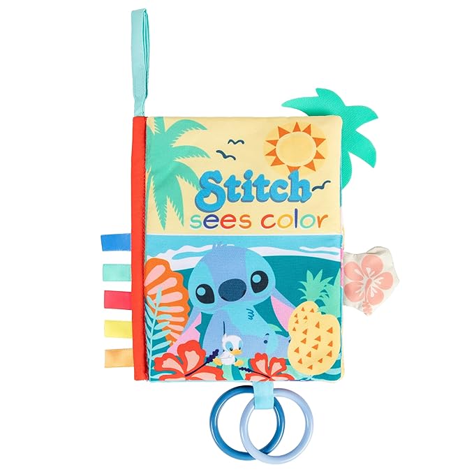 Kids Preferred Disney Baby Lilo & Stitch Sees Color Soft Book, On-The-Go Sensory Books for Babies with Crinkle Pages, Ribbons, Rings, Stroller Hook