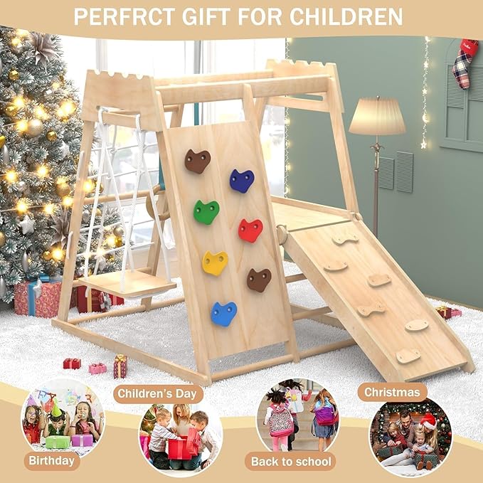 8-in-1 Indoor Playground, Indoor Jungle Gym for Toddlers, Kids Climbing Toys Indoor, Wooden Montessori Climber Playset with Swing, Slide, Monkey Bar, Wood Ladder, Climbing Net,Gymnastic Rings