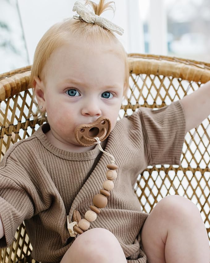 Round Silicone Pacifiers (Set of 2) – 100% Food-Grade, One-Piece Design, Soft Round Nipple, Airflow Shield, Multi-Use Pacifier & Soother for Newborns and Infants 0+ Months - Beige/Hazel - Mila & Lulu